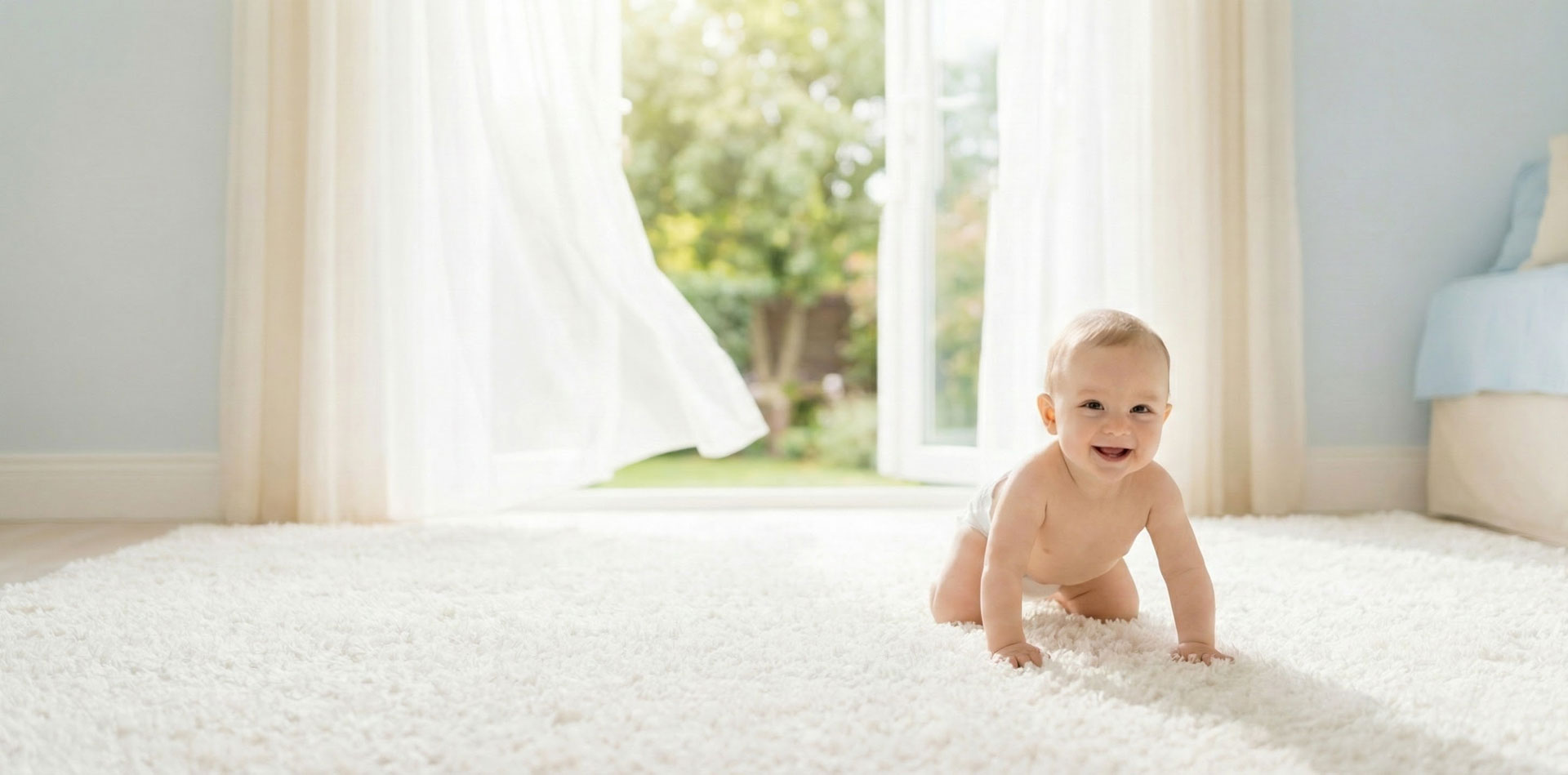 Bambino che gattona sicuro su un tappeto perfettamente igienizzato in una stanza luminosa e priva di polvere e allergeni.