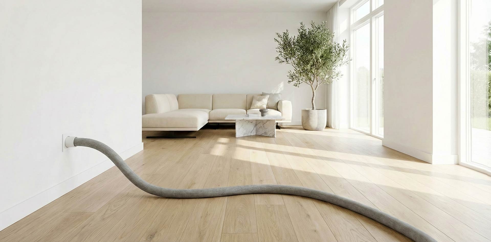 Salotto di design con impianto di aspirazione centralizzata e sistema Retraflex con tubo che esce direttamente dal muro.