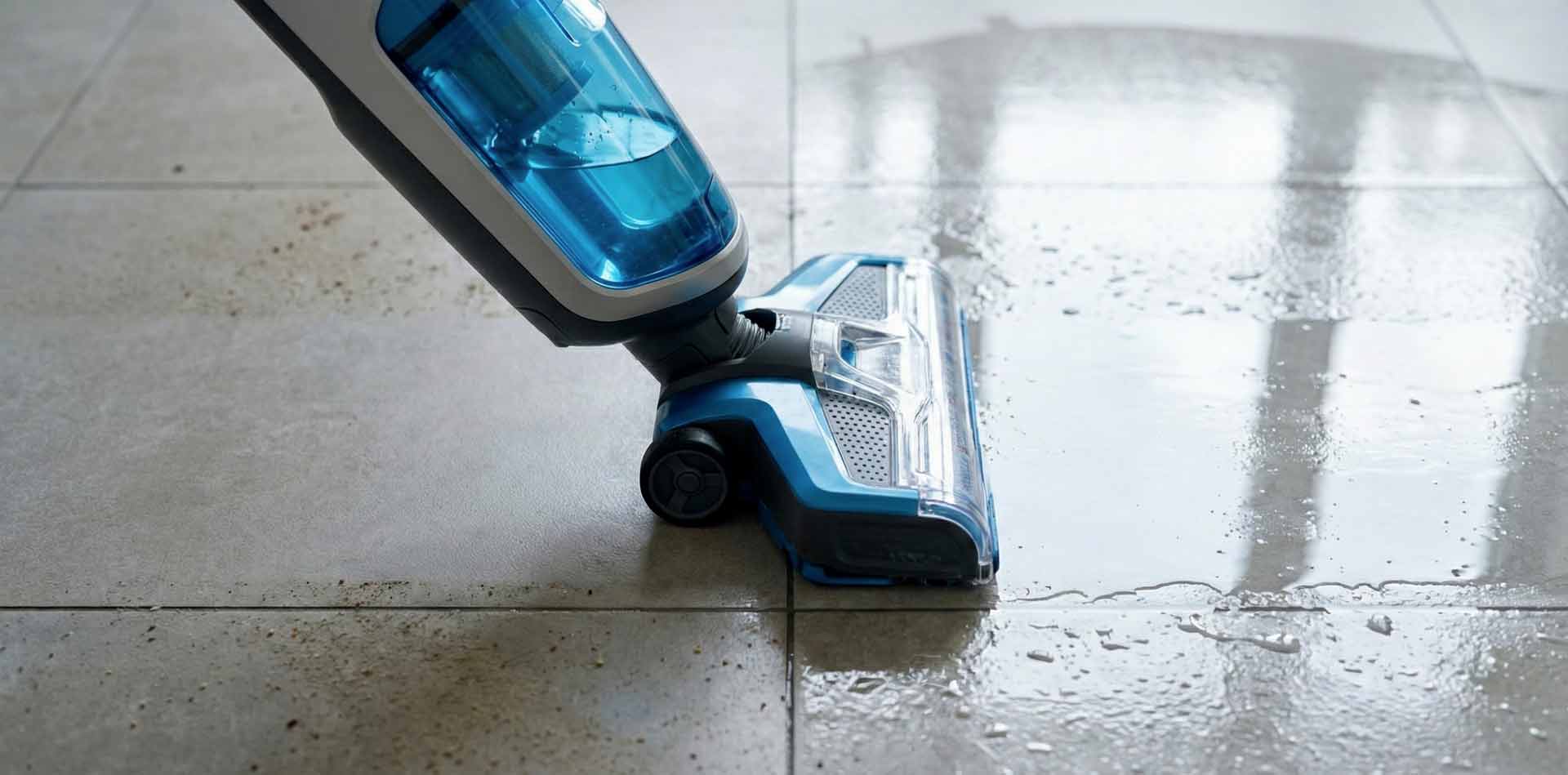 Aspirapolvere lavapavimenti in azione su piastrelle che mostra la differenza tra superficie sporca e pulita senza aloni.
