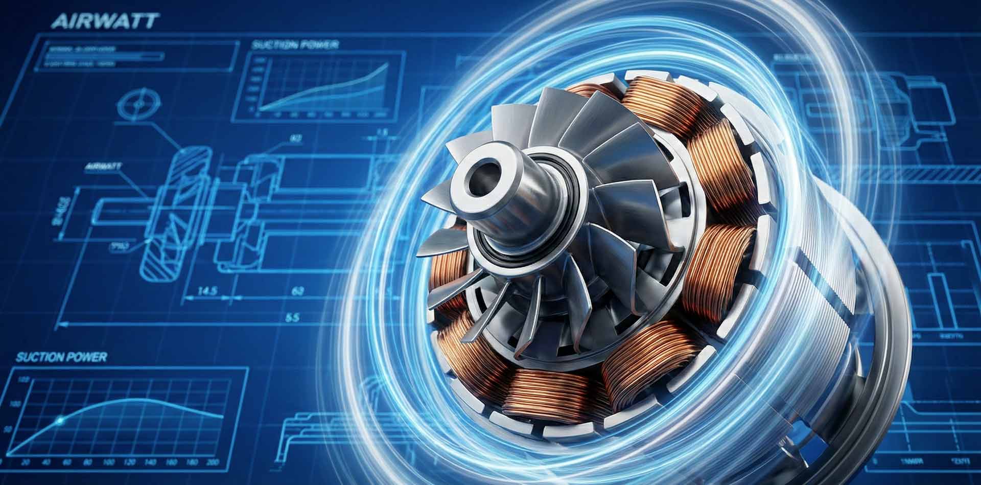 Rappresentazione tecnica del motore di un aspirapolvere che mostra i flussi d'aria, la depressione e la potenza aspirante in AirWatt.