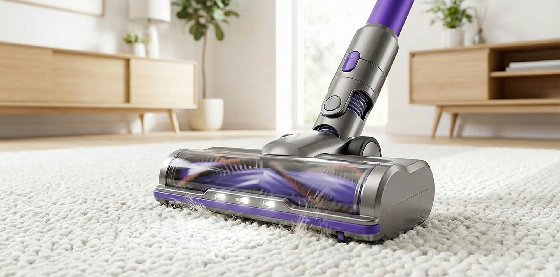 Dettaglio della spazzola motorizzata di una scopa elettrica senza fili potente che aspira in profondità su un tappeto chiaro.